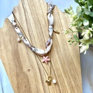 Stainless steel necklace set with Pink Starfish & handmade silk scarf Necklace